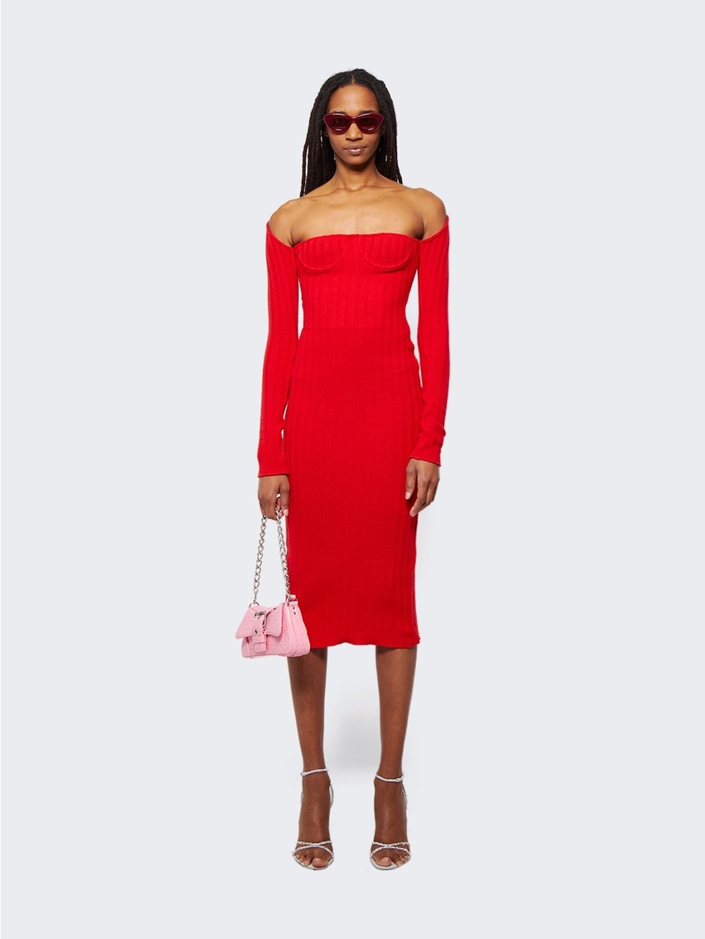 LaQuan Smith Off-Shoulder Red Ribbed Midi Dress